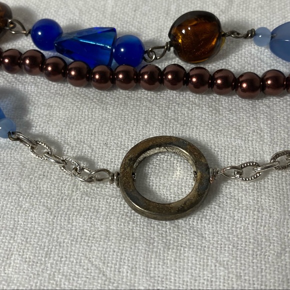 Layered Necklace with Blue and Brown Beaded Chains of Mixed Media OS EUC - Picture 2 of 6